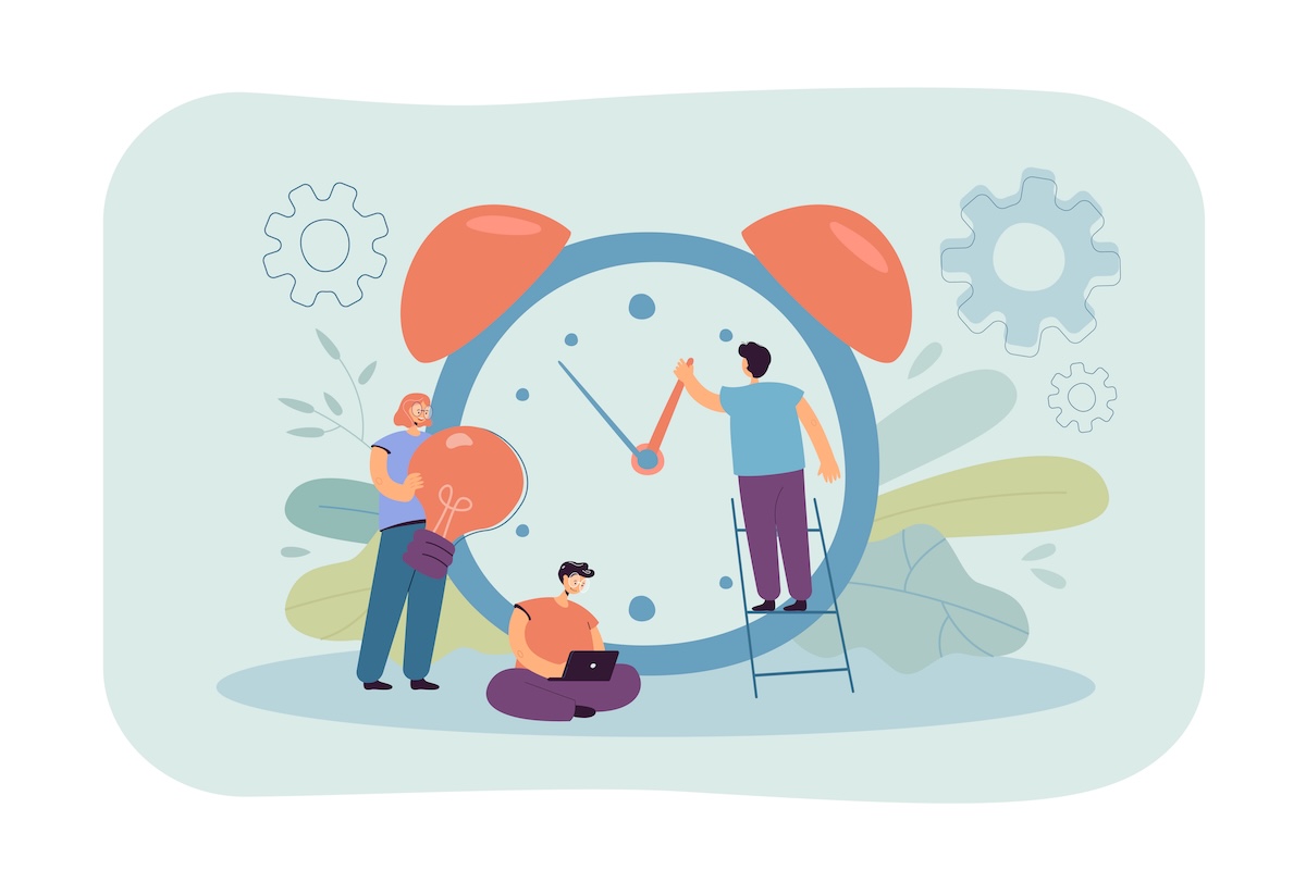 past-participle-agreement-in-passe-compose-explained Illustration representing French grammar and time, used in the article ‘Past Participle Agreement in Passé Composé Explained’ on French with Agnes.