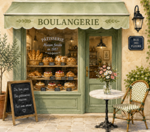 cours-de-conversation-en-francais-faire-ses-achats-en-france Illustration d’une boulangerie française pour des cours de conversation en français sur les achats et les situations du quotidien.