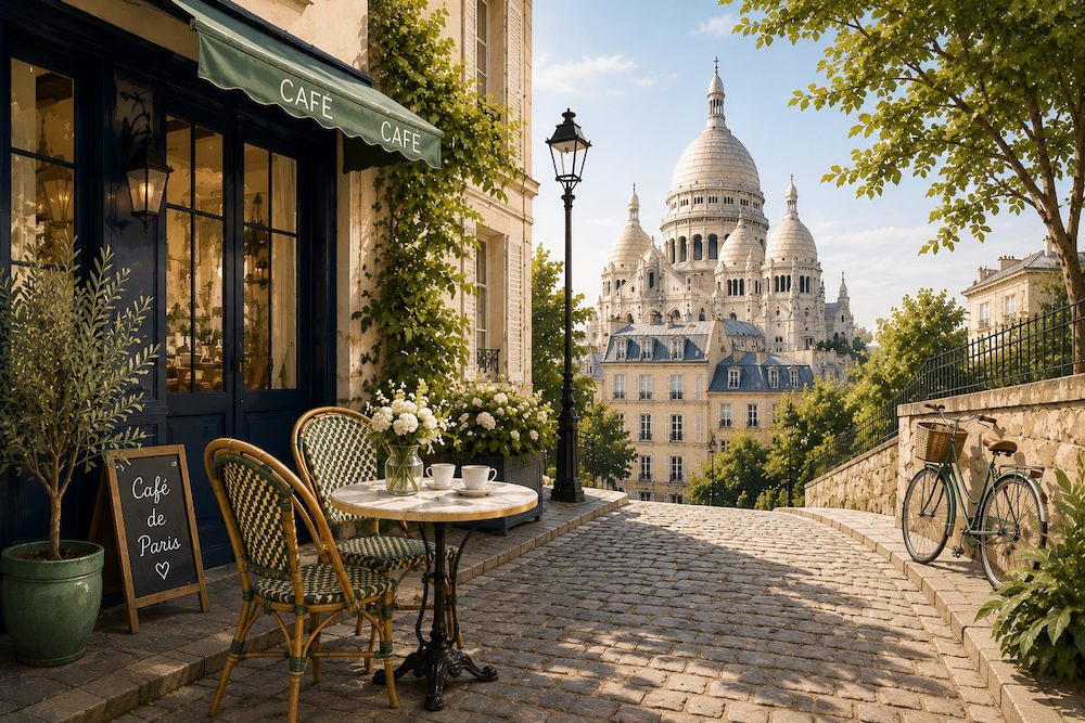 Café parisien à Montmartre avec vue sur le Sacré-Cœur pour des cours de français à Paris