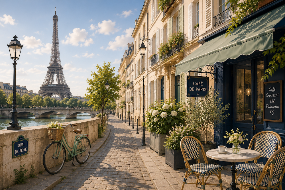 Café parisien près de la Seine et de la tour Eiffel pour des cours particuliers de français à Paris