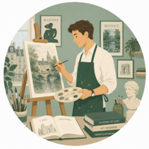 Artiste peintre dans son atelier, illustration de cours de français spécialisé