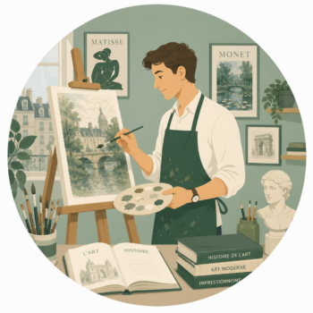 Artist painting in a studio, illustration for specialized French lessons