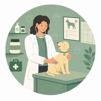 French for healthcare illustration with a veterinarian examining a dog