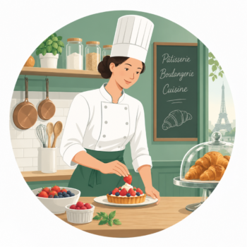 French chef preparing pastries in a French kitchen