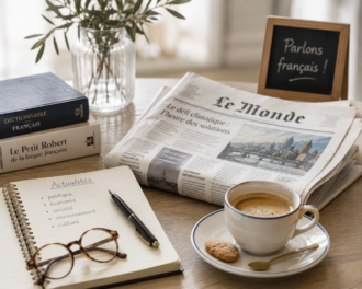 French newspaper and coffee illustrating French conversation lessons about news and current affairs